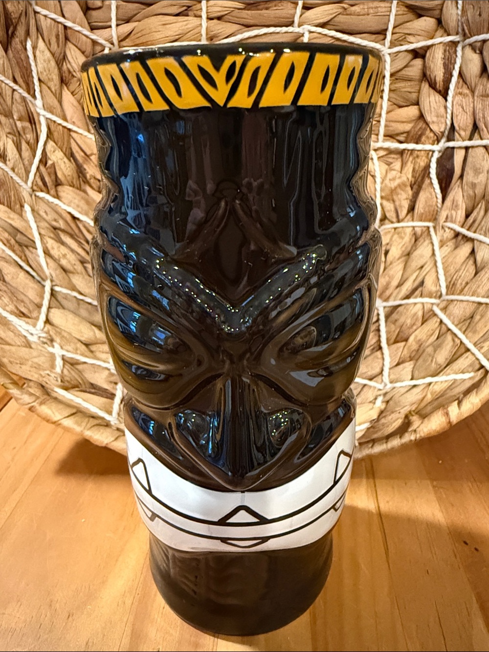 Tiki Style Tall Ceramic Drink/Cocktail Glass/Vase, Black, 6 3/4” tall